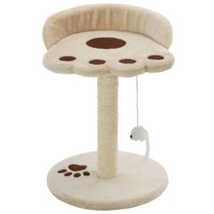 Beiger Katzenkratzbaum mit Sisal, Liegefläche in Pfotenform und Spielmaus.