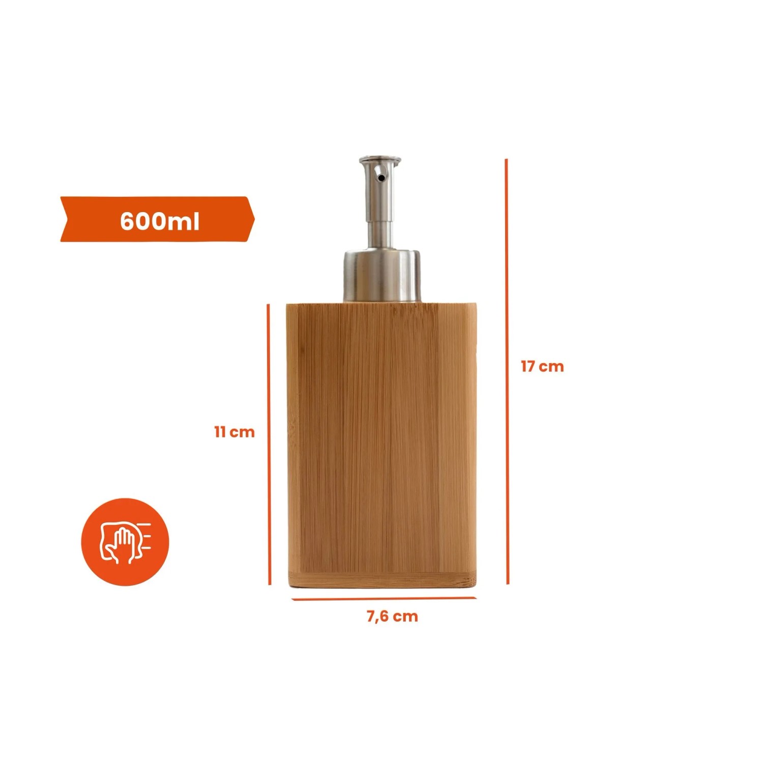 Bagnoxx Seifenspender aus Bambus, 600ml, mit silberfarbener Dosierpumpe für Flüssigseife.