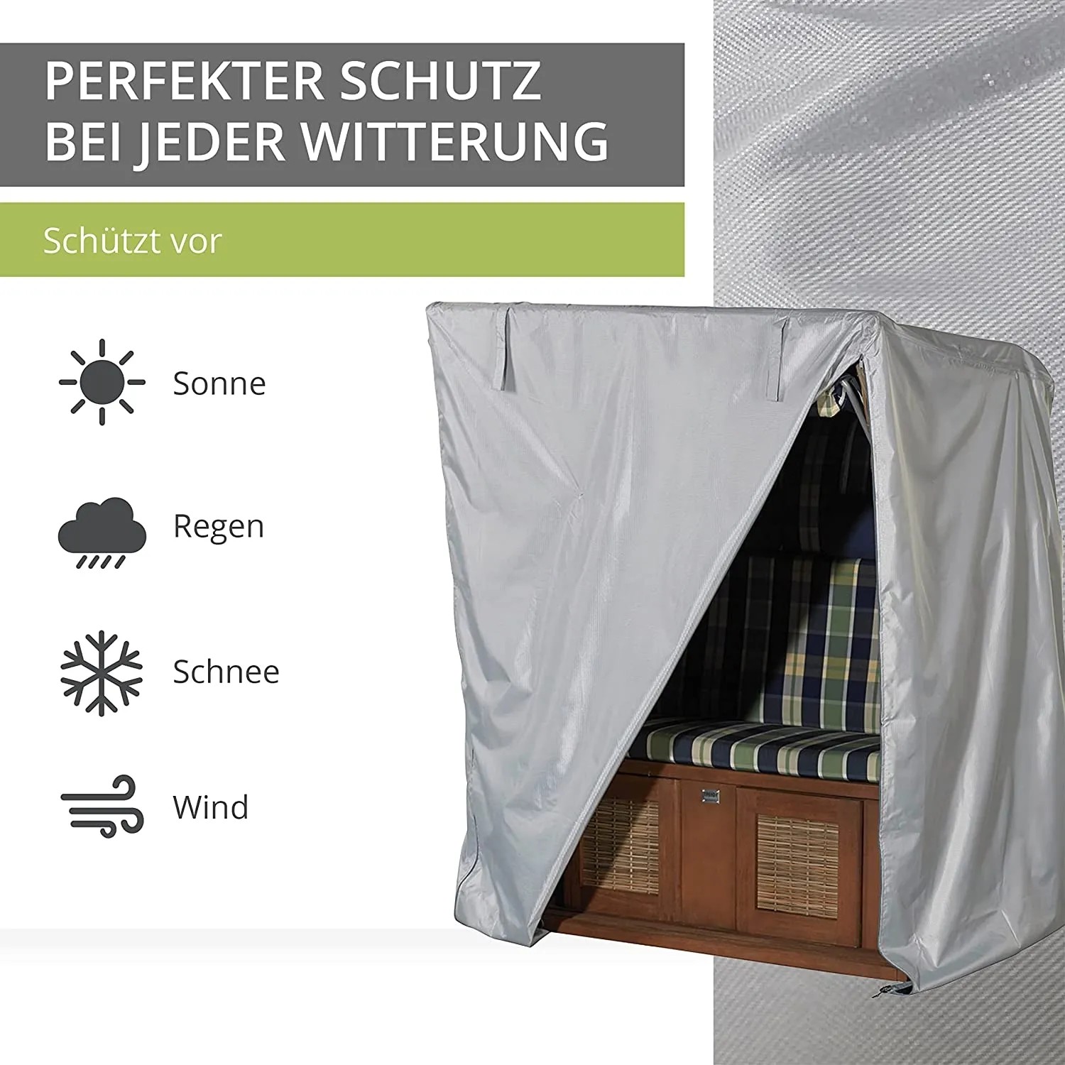 Graue Strandkorbhülle von Mehr Garten Plus, wasserdicht und UV-beständig, schützt vor Wind und Wetter.