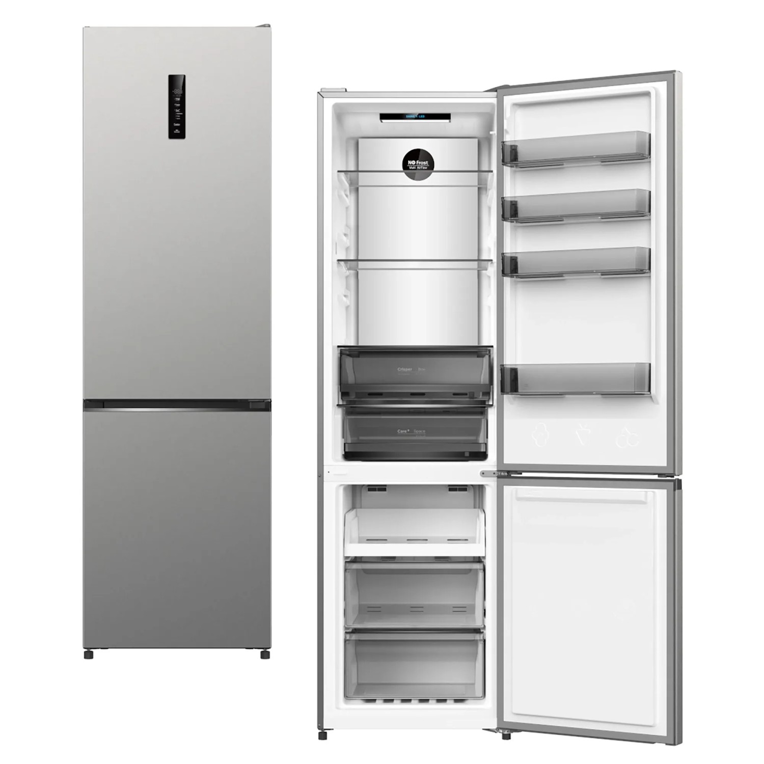 Wolkenstein Kühl-Gefrierkombination WKG405ANFIX im Inox-Design, teilgeöffnet.