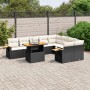 Schwarze 10-tlg. vidaXL Garten-Sofagarnitur mit Tisch und cremeweißen Kissen aus Polyrattan.