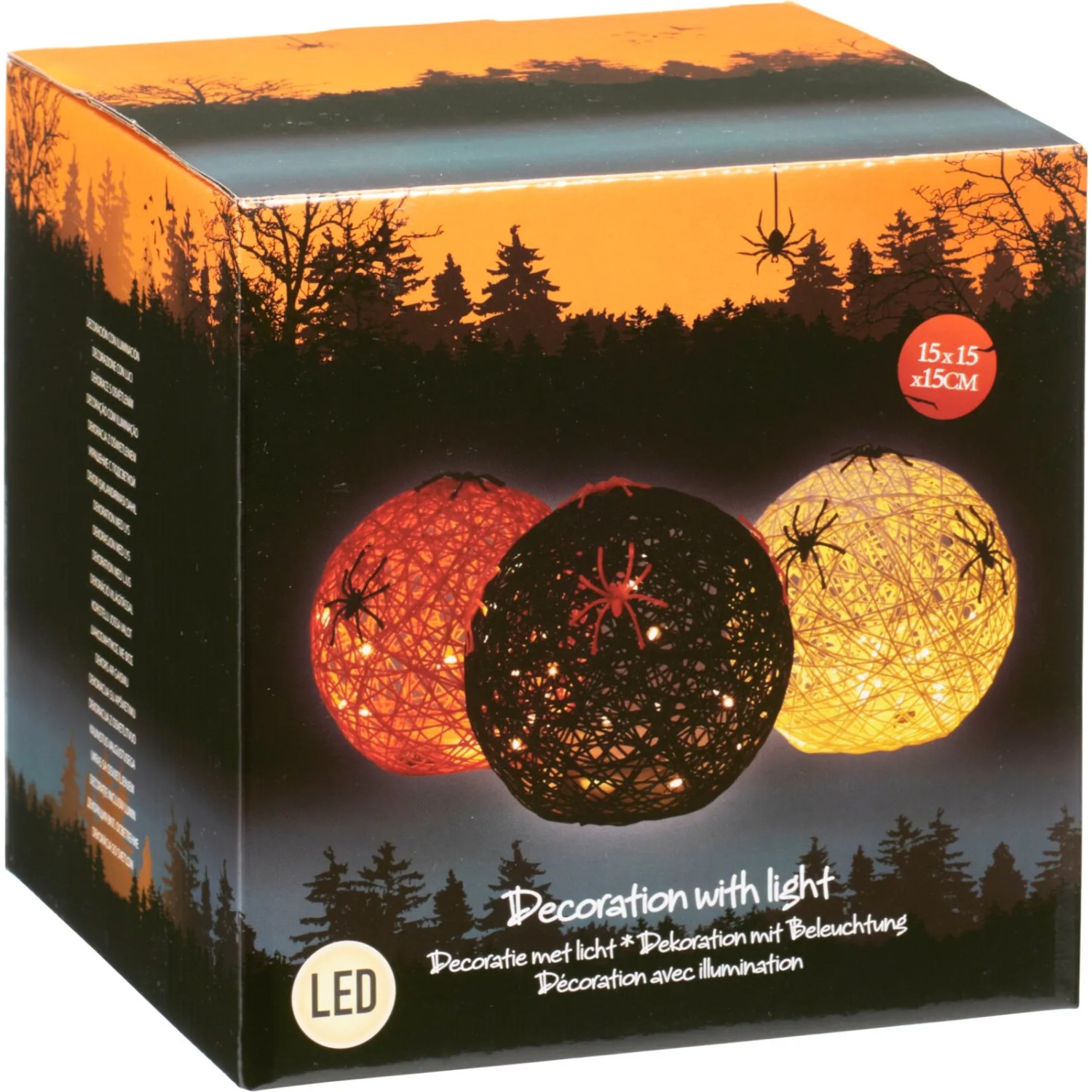 Papier Deko Kugel mit LED Lichtern und Spinnen in Orange, Schwarz und Weiß, 15x15x15cm.