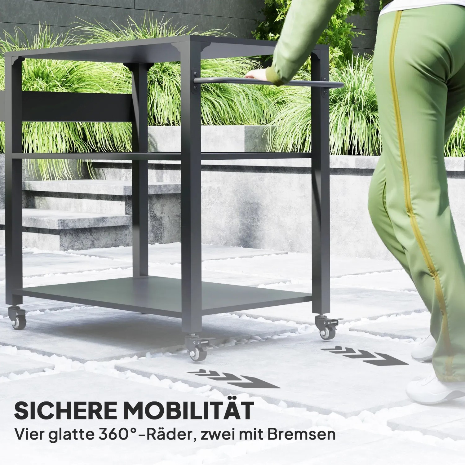Schwarzer Outsunny Grillwagen aus Stahl mit Ablageflächen und Rollen.