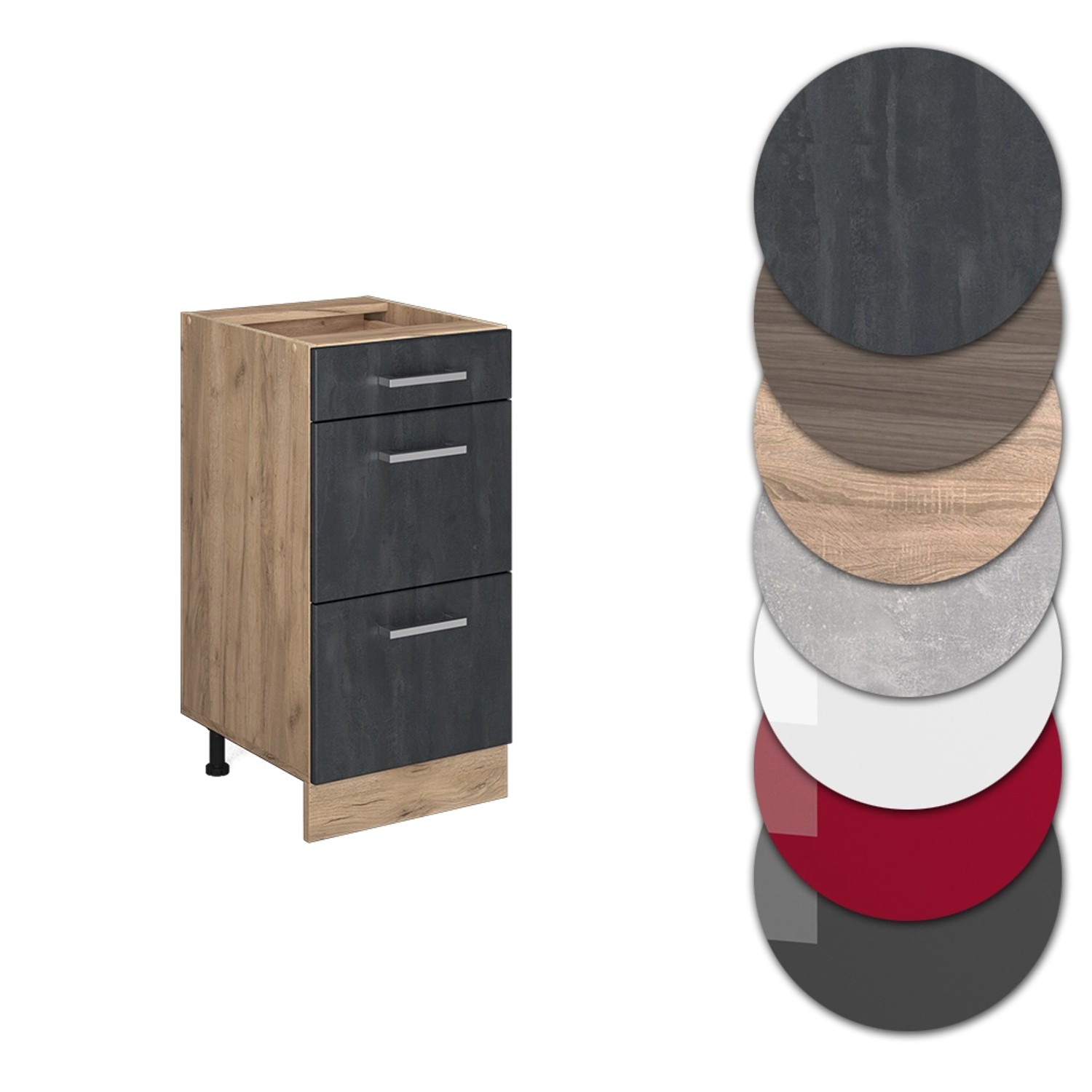 Vicco Küchenunterschrank R-Line, Schubladenschrank in Schwarz Beton/Eiche Optik, 40 cm breit.