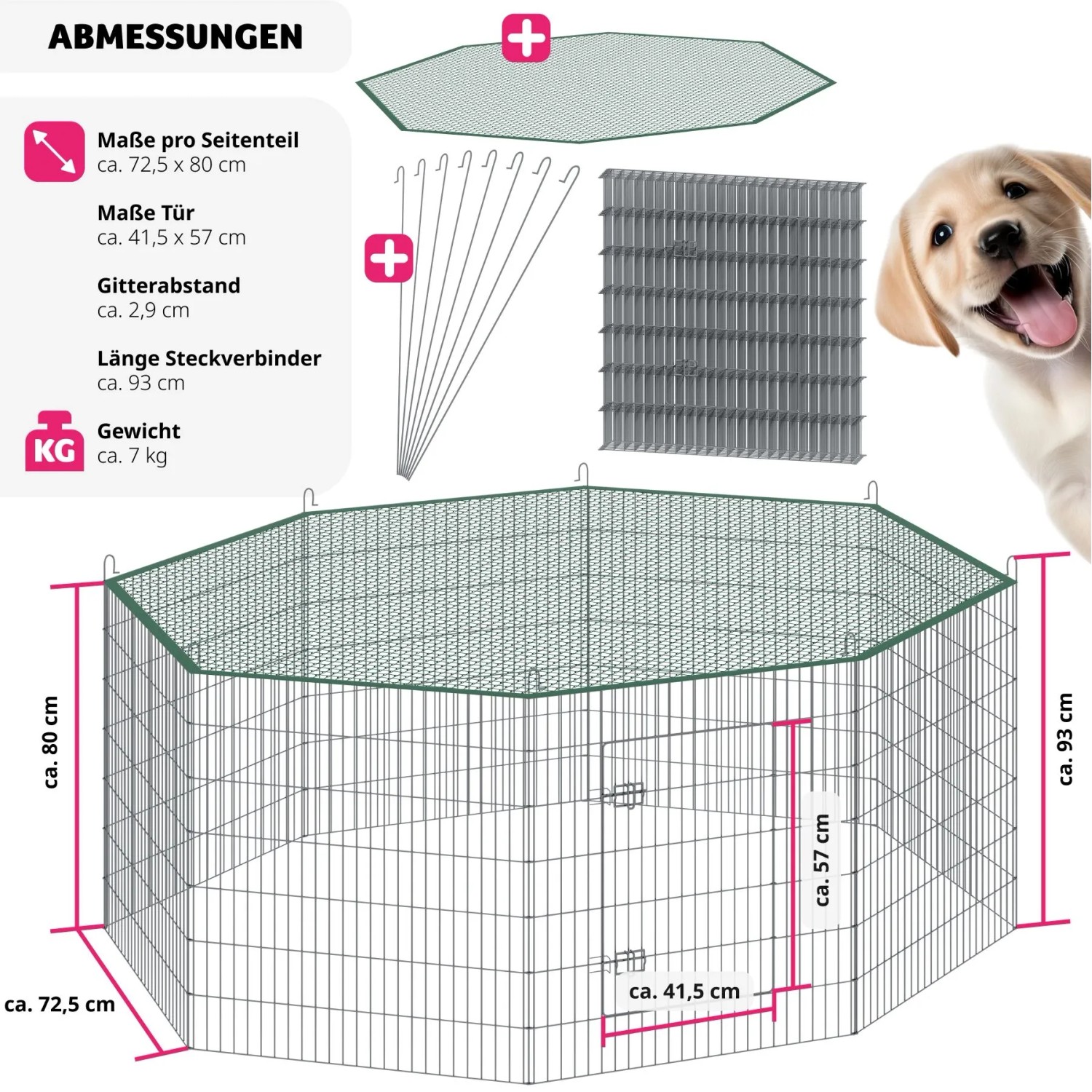 Tectake Freilaufgehege  Fluffy Aus 8 Gitterelementen Inklusive Sicherheitsnetz   204 x 204 x 93 cm Silber_6