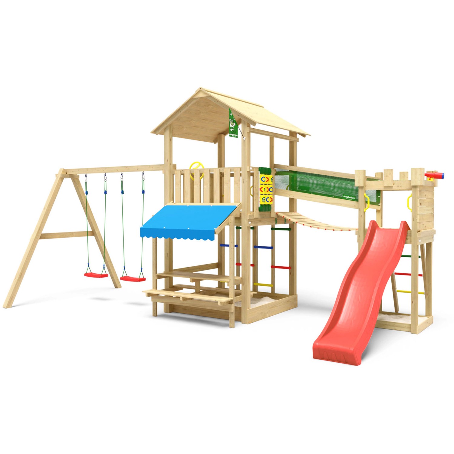 Jungle Gym Spielturm Cascade Holz Picnic m. 2 Schaukeln Brücke Rutsche Rot günstig online kaufen