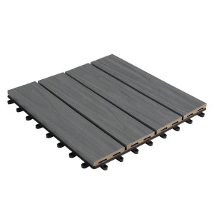 Graue KARAT WPC Klickfliese Classic, 30x30 cm, für wetterbeständige Terrassen.