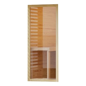 Rechteckiges Karibu Saunafenster mit Klarglas und naturbelassenem Holzrahmen. Detailaufnahme der Holzstruktur.
