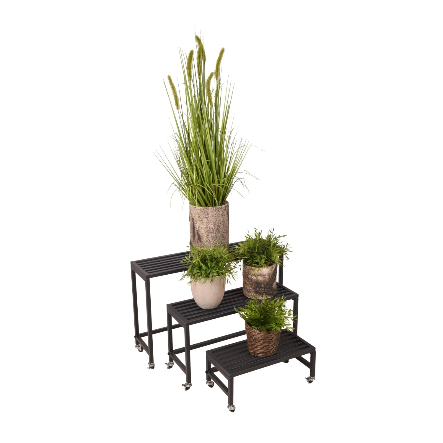 DELUKE Pflanzbank JAKOB 3er Set, schwarzer Stahl, Blumenständer und Pflanzenbank.