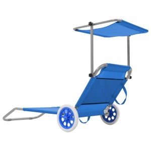 Blaue furnicato Klappliege mit Sonnenschutz, Rädern und Stahlgestell.