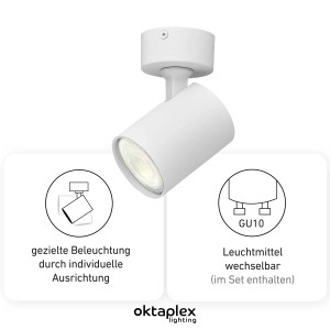 Weiße, schwenkbare Oktaplex Bora Deckenleuchte mit GU10 Leuchtmittel für gezielte Beleuchtung.