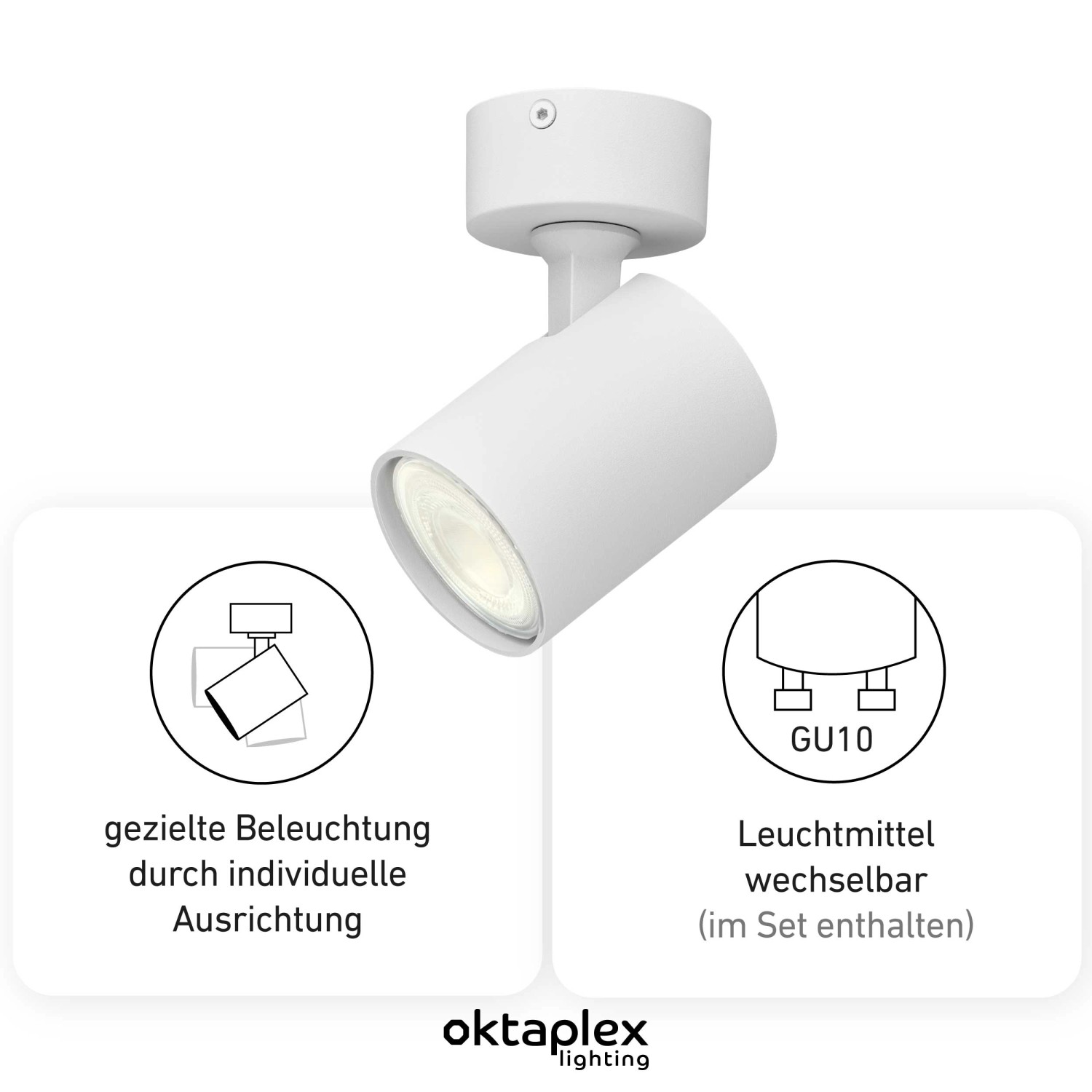 Weiße, schwenkbare Oktaplex Bora Deckenleuchte mit GU10 Leuchtmittel für gezielte Beleuchtung.