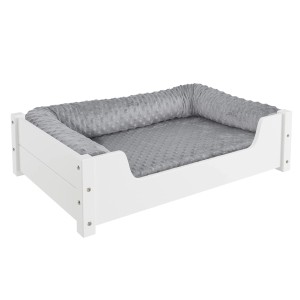 Weißes Hunde- bzw. Katzenbett aus Kiefernholz mit Rollrost und grauer Matratze (80x50 cm).
