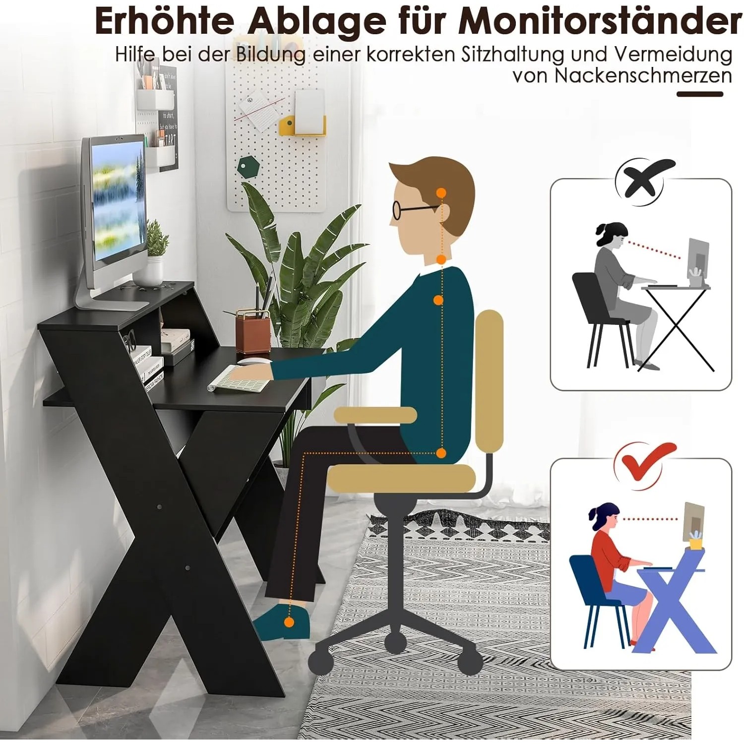 Schwarzer Costway Computertisch mit Schublade und Monitorerhöhung für ergonomisches Arbeiten.