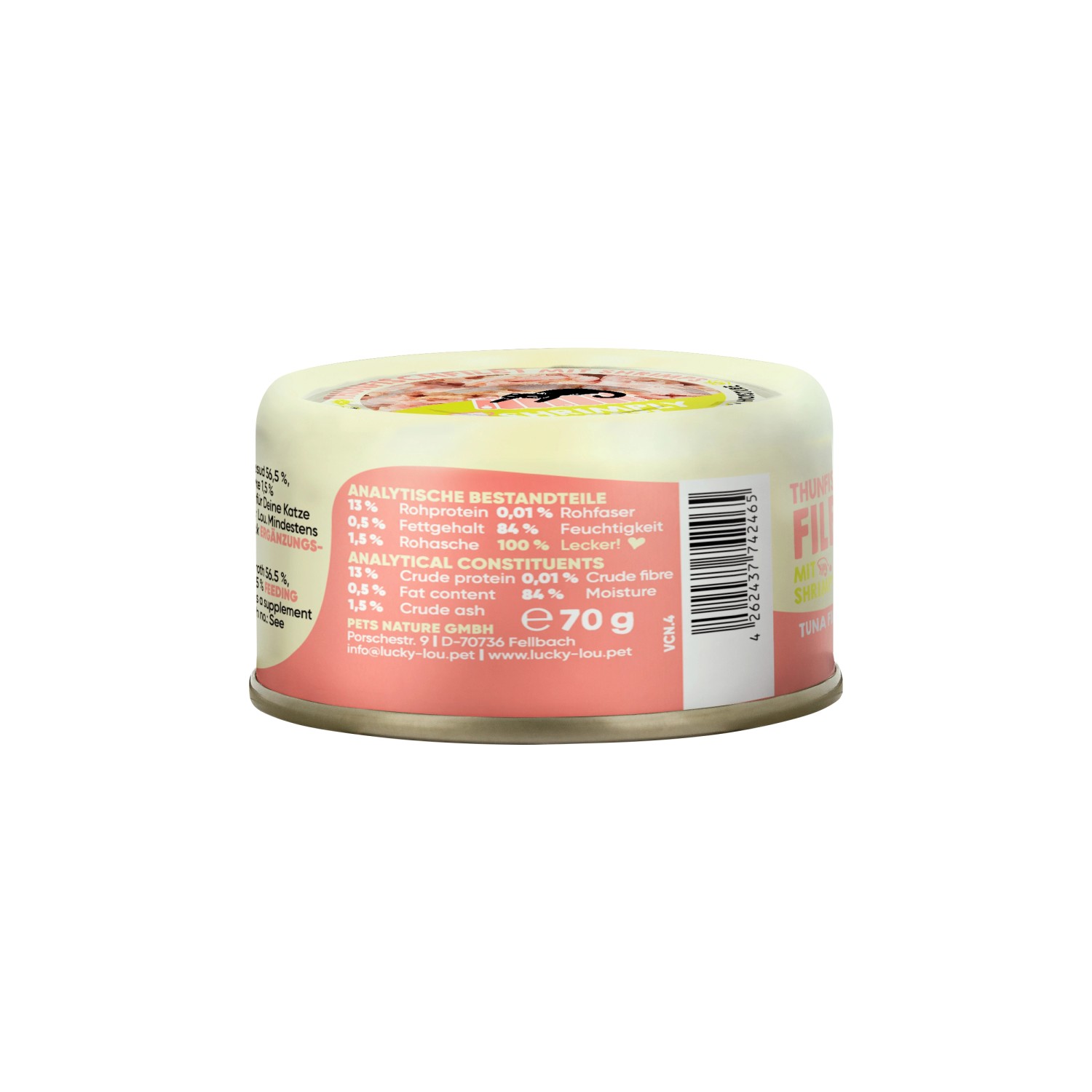 Lucky Lou Katzen-Nassfutter Thunfisch & Shrimps in Jelly, 70g Dose.