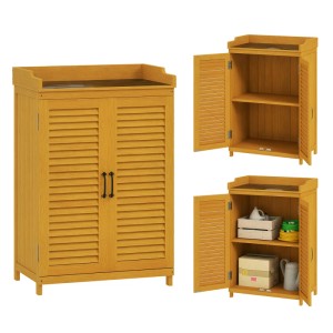 Outsunny Gartenschrank aus Tannenholz, gelb, mit Lamellentüren und Metalloberfläche.