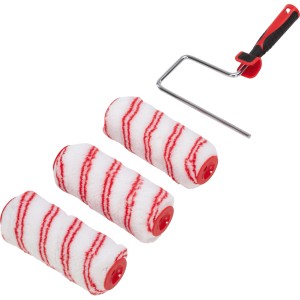 Farbrollerset für glatte Wände, 4-teilig: Walzenbügel und 3 Dispersionswalzen mit rotem Streifenmuster.