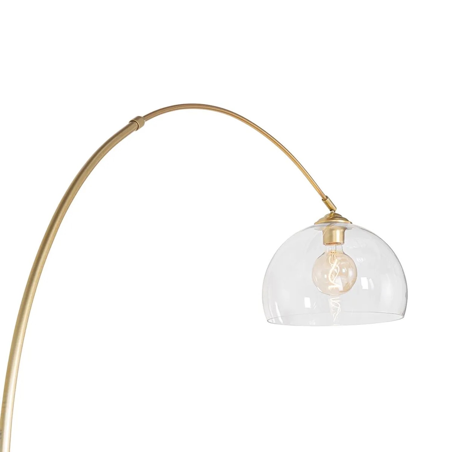 Moderne Bogenlampe Arc aus Messing mit klarem Glasschirm. Elegante Innenleuchte für Wohnzimmer & Co.