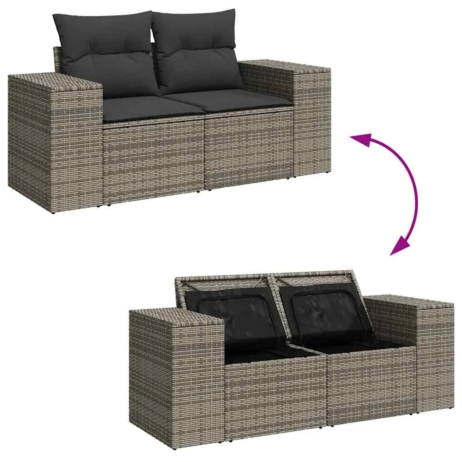 Graue 9-tlg. vidaXL Garten-Sofagarnitur aus Polyrattan mit Kissen und Stauraum unter den Sitzen.