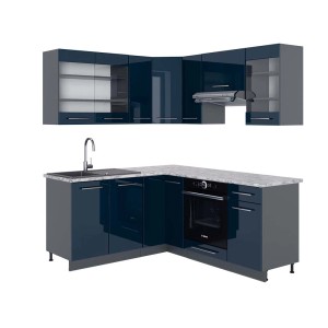 Vicco Fame-Line Eckküche in Dunkelblau Hochglanz/Anthrazit mit Marmor Arbeitsplatte.