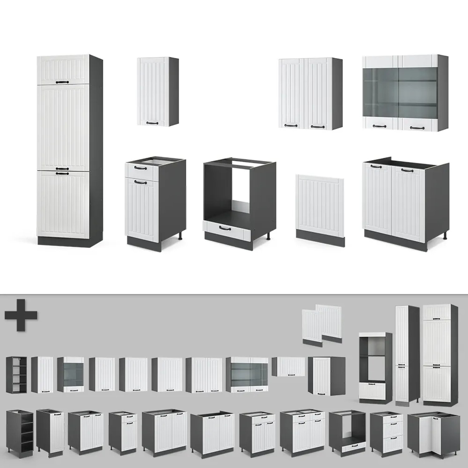 Vicco Fame-Line Küchenzeile, 300 cm, Weiß Landhaus/Anthrazit, ohne Arbeitsplatte. Küchenblock mit verschiedenen Schränken.