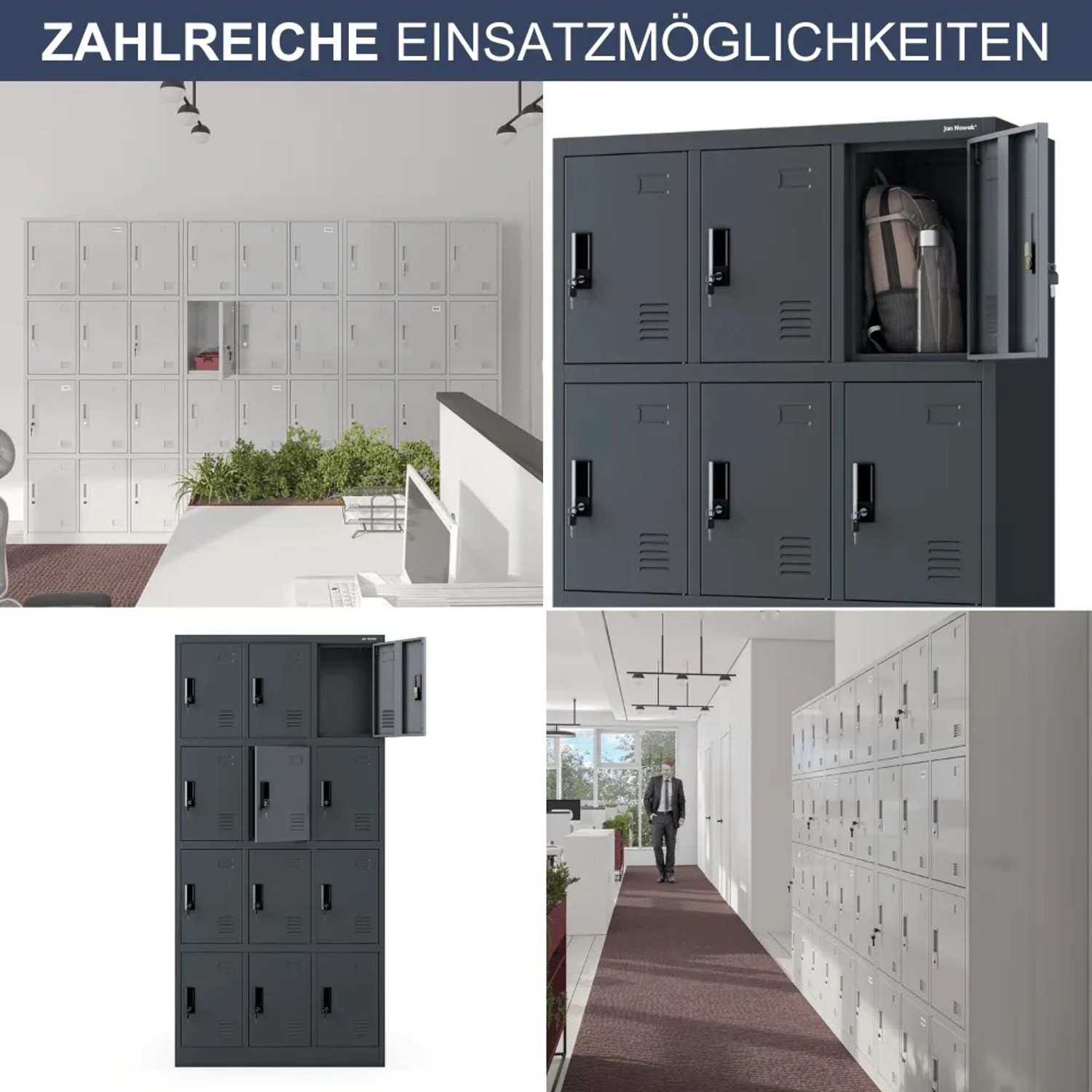 DELUKE Schließfachschrank BERN mit 12 Fächern, anthrazitfarbiger Spind für Garderobe.
