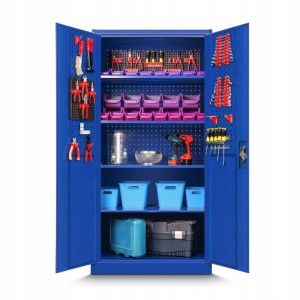 Offener, blauer Jan Nowak Werkzeugschrank BRUNO (185x92x50cm) mit Werkzeugen und Zubehör.