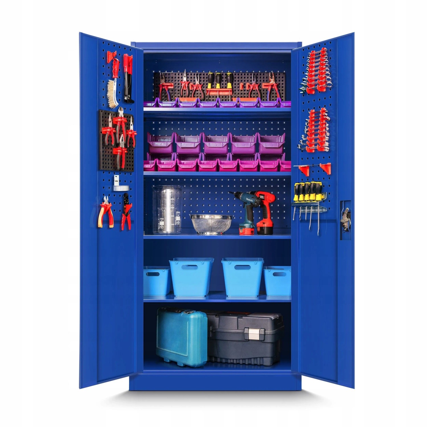 Offener, blauer Jan Nowak Werkzeugschrank BRUNO (185x92x50cm) mit Werkzeugen und Zubehör.
