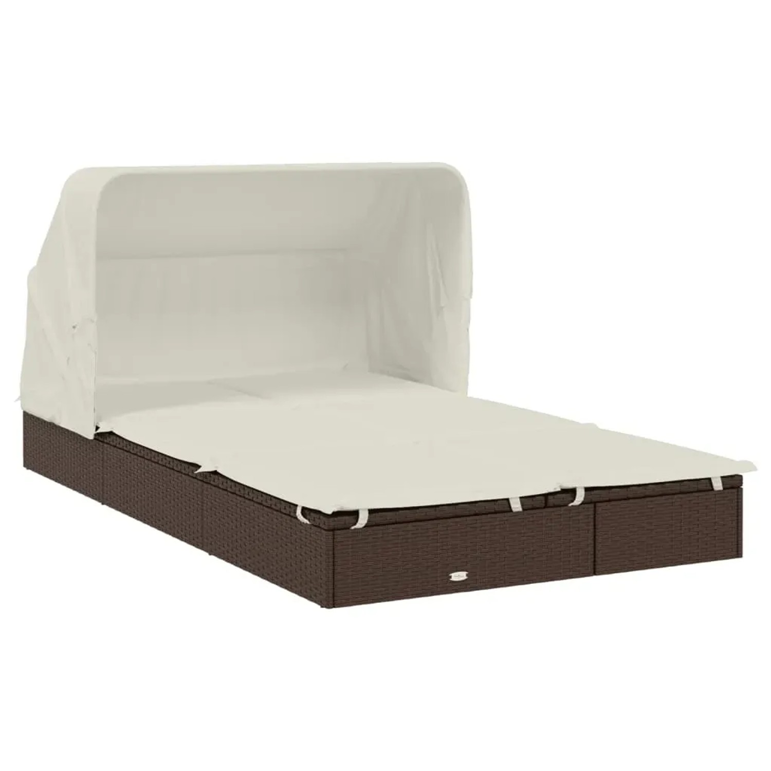 Braune 2-Personen-Sonnenliege mit Dach und cremeweißen Kissen aus Poly Rattan.