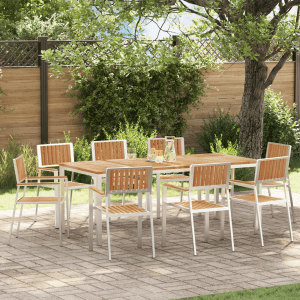 9-teilige vidaXL Garten Essgruppe aus Teakholz mit rechteckigem Tisch und 8 Stühlen.