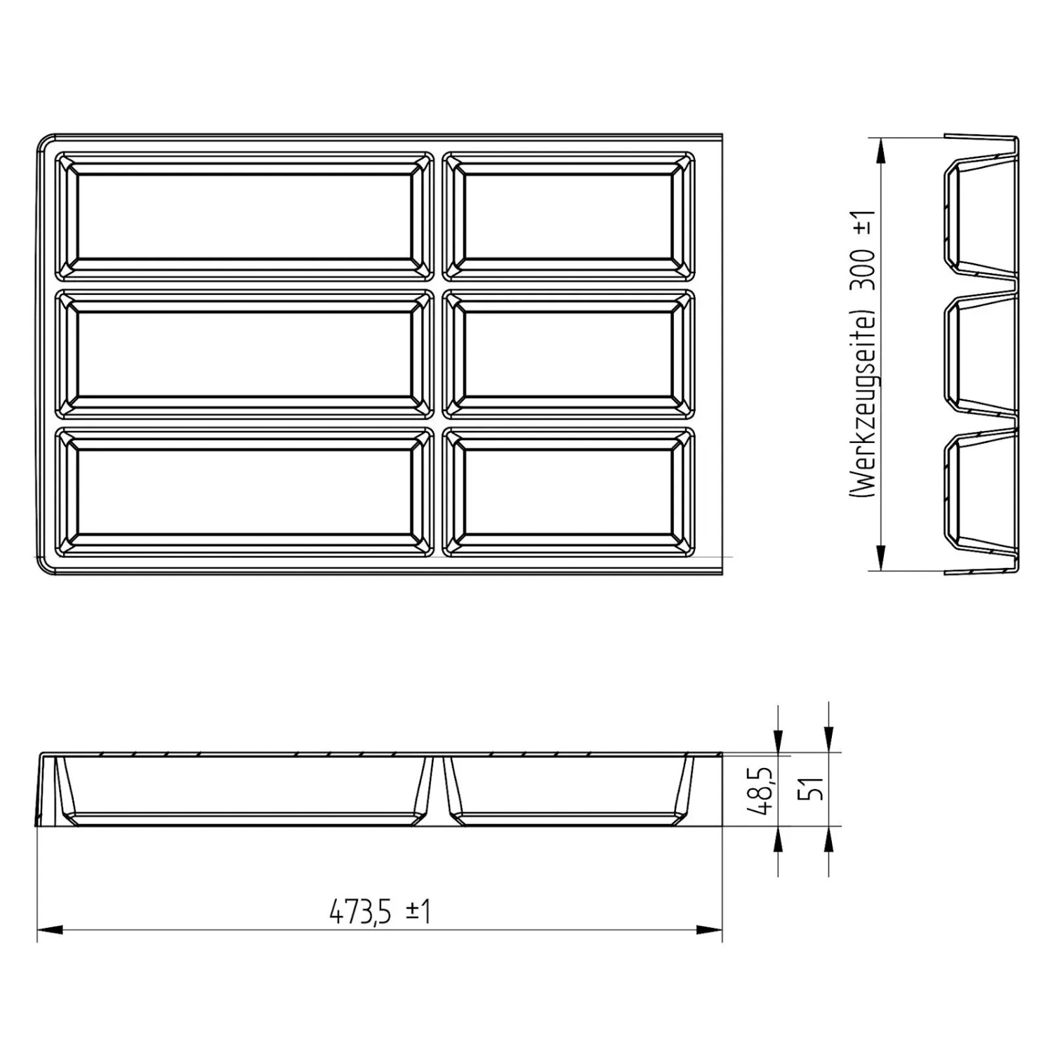 Technische Zeichnung SOTECH SEPARADO Besteckeinsatz mit 6 Fächern, Maße 300x474x51mm für Schubladen.