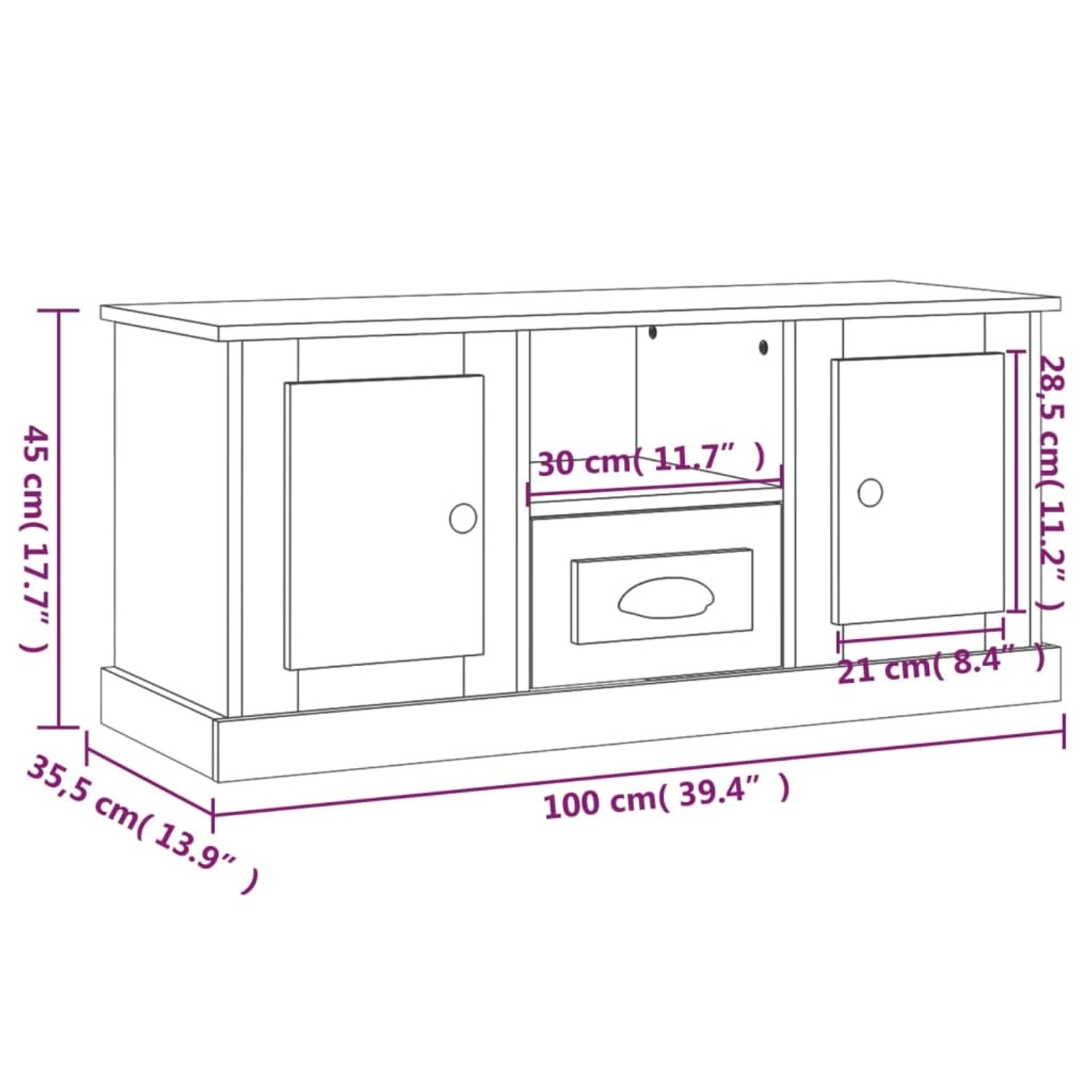 VidaXL TV-Schrank Grau Sonoma, 100x35,5x45 cm, Holzwerkstoff, Modell 1, mit Maßen.