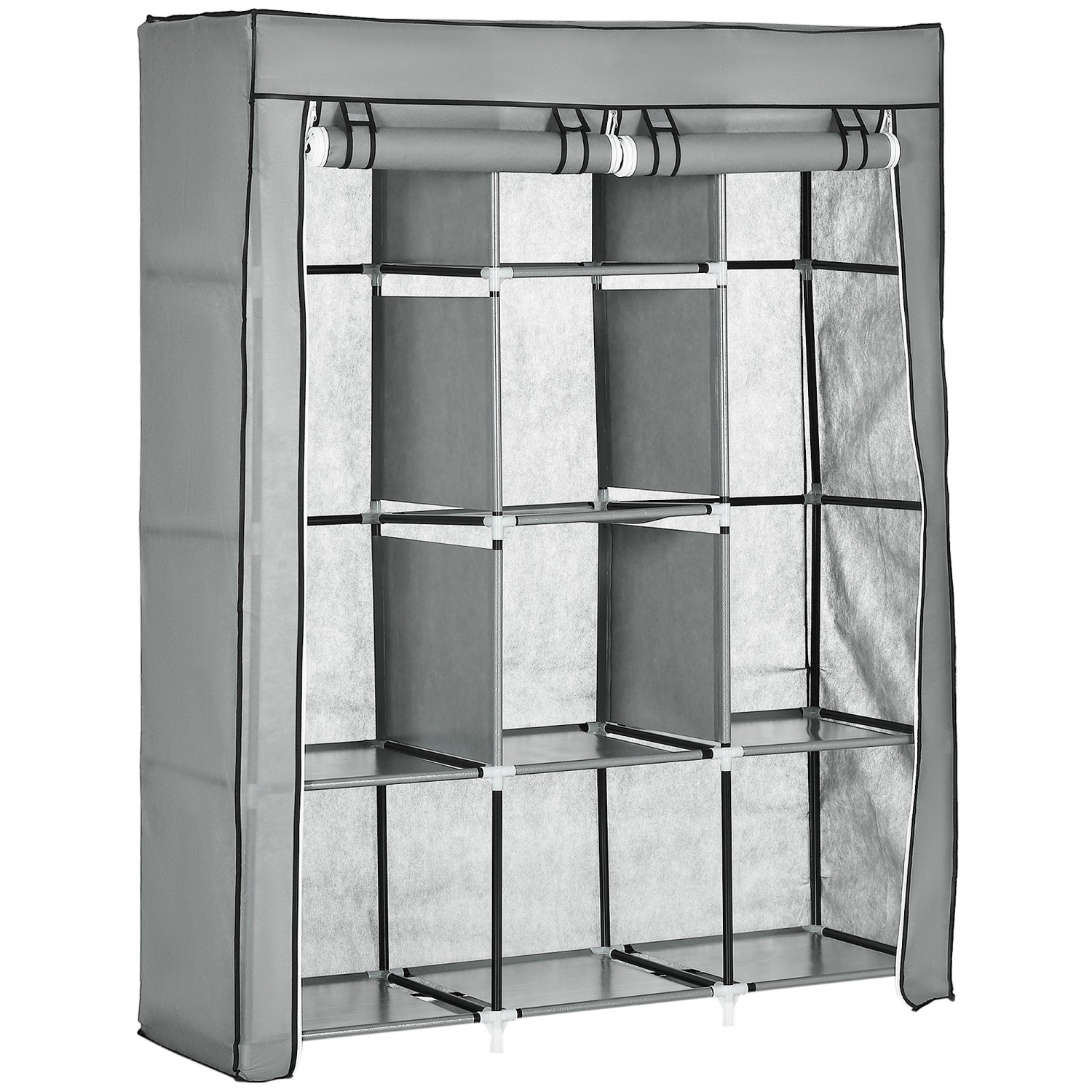 Thumbnail - HOMCOM Stoffschrank mit Kleiderstangen 8 Ebenen Faltbar Hellgrau 125x43x162,5cm