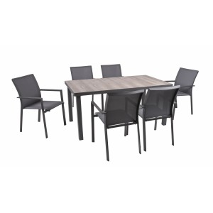 7-teiliges Gartenmöbel-Set Rana in Anthrazit. Lounge-Gruppe mit Tisch in Holzoptik und 6 Stühlen mit Textilbespannung.