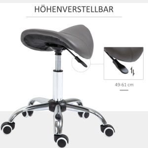 Grauer HOMCOM Drehstuhl Kosmetikhocker mit ergonomischem Sattelsitz, verchromtem Fußkreuz und Rollen, höhenverstellbar.