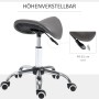 Grauer HOMCOM Drehstuhl Kosmetikhocker mit ergonomischem Sattelsitz, verchromtem Fußkreuz und Rollen, höhenverstellbar.