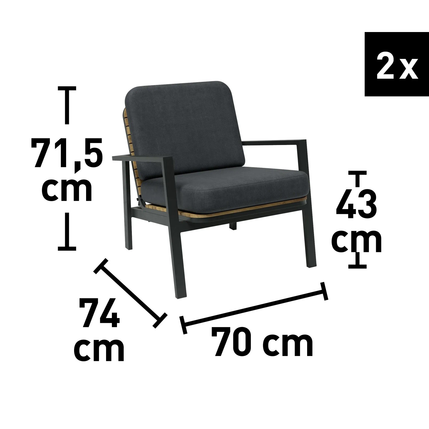 Maße des Olary Lounge-Sessels aus Akazienholz mit dunklen Kissen, Teil eines 4-tlg. Lounge-Sets.