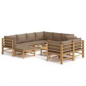 vidaXL 10-tlg. Garten-Lounge-Set aus Bambus mit taupefarbenen Kissen.