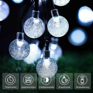 Salcar Solar LED Lichterkette, 60 kaltweiße Blasen-Kugeln leuchten. Fernbedienung, Timer, 8 Modi für Außen & Deko.