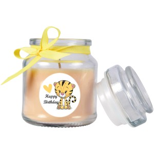 Gelbe HS Candle Duftkerze "Geburtstag" im Glas mit Tiger-Motiv und Schleife.