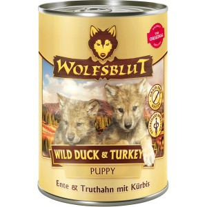 Wolfsblut Hunde-Nassfutter Wild Duck & Turkey Puppy, Ente und Truthahn mit Kürbis im Dose.