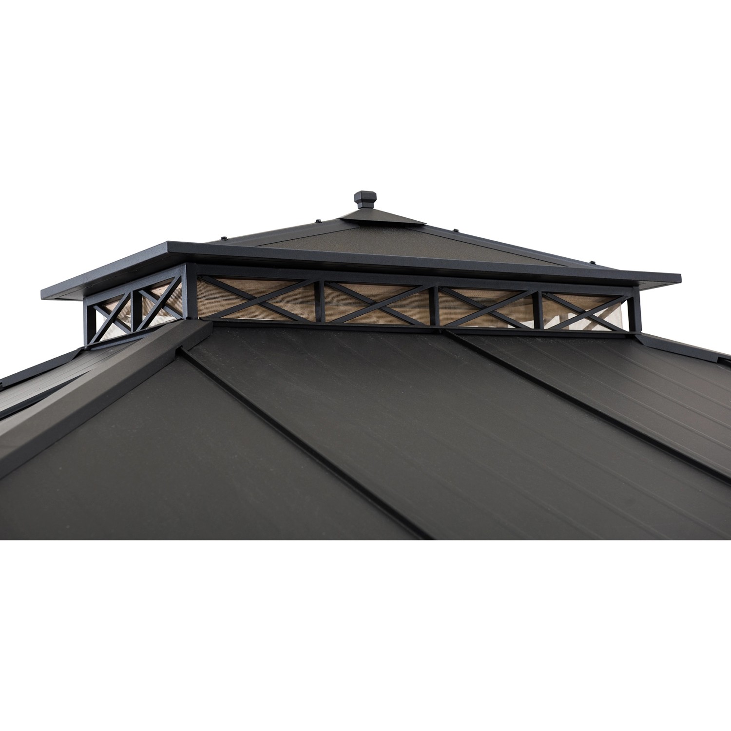 Detailaufnahme des schwarzen Sunjoy Gazebo Torre Zedernholz Pavillons, Fokus auf das Dach.