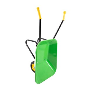 Grüne Galaflor Kinderschubkarre aus Metall mit gelben Griffen und Rad.