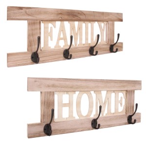 MCW Wandgarderobe C60 Shabby, 2-teilig, naturbraun mit Schriftzug "Home" und "Family" und Metallhaken.
