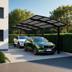 Ximax Alu Doppelcarport Portoforte Tandem mit zwei geparkten Autos unter dem Carport.