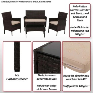 Braune 4-teilige Poly-Rattan Garten-Garnitur N98 mit Bank, 2 Sesseln, Tisch mit Glasplatte und cremefarbenen Kissen.