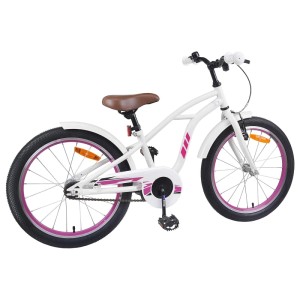 Weißes 22-Zoll-Kinderfahrrad mit braunem Sattel und pinkfarbenen Akzenten.