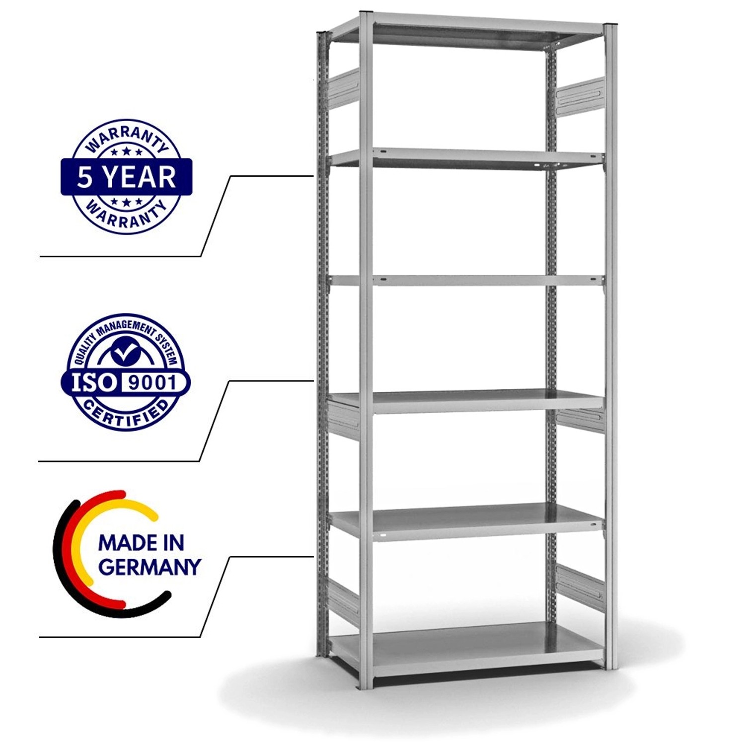 Verzinktes PROREGAL Fachbodenregal mit 6 Ebenen, beidseitig nutzbar, 250x100x50 cm. Stecksystem.