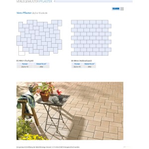 Verlegemuster für Beton Pflastersteine Vero Pastellbeige, 22,5x15x6 cm, mit Beispielen für Fischgrät- und Halbverbandmuster.