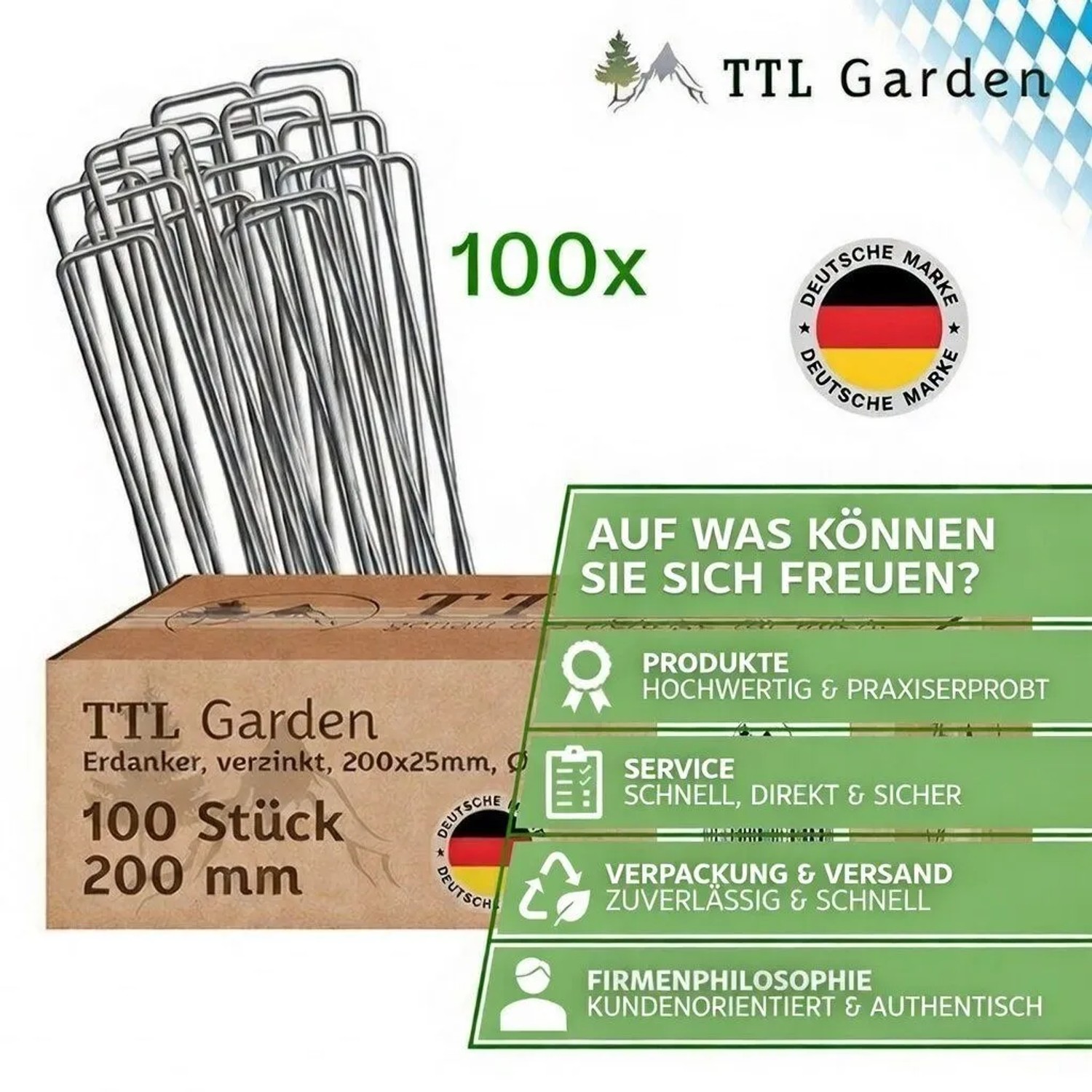 100 verzinkte TTL GARDEN Erdanker aus Stahl, 200 mm lang, für Gartenvlies, Unkrautvlies und Camping.